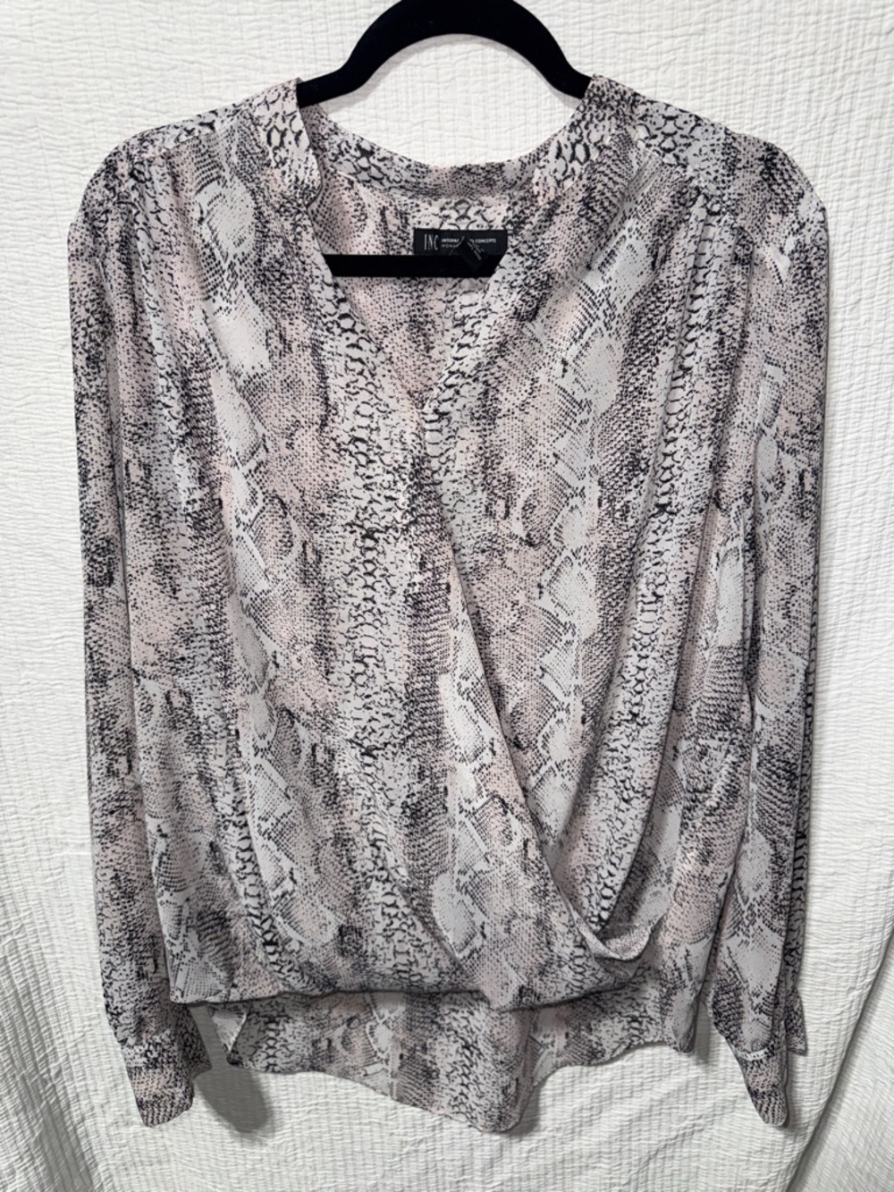 INC International Concepts Pink and Neutral Snake-Print Faux Wrap Blouse